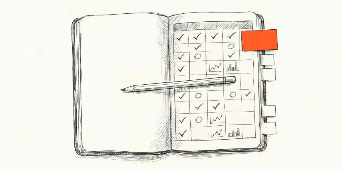 Pencil sketch of an open notebook with a weekly progress grid, a pencil and an orange sticky tab.