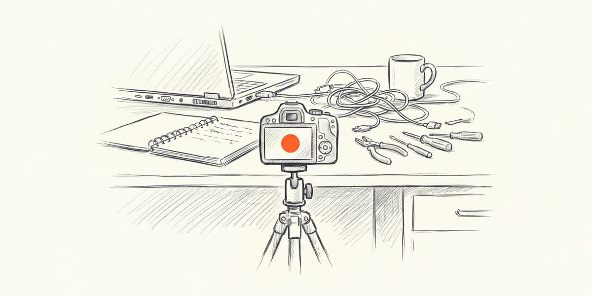 Pencil sketch of a camera on a tripod at a cluttered desk, with an orange recording dot.